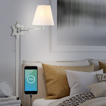 David 18.5" Modern French Country Swing Arm Plug-In or Hardwired Iron LED Star Wall Sconce with Pull-Chain and USB Charging Port - JONATHAN Y